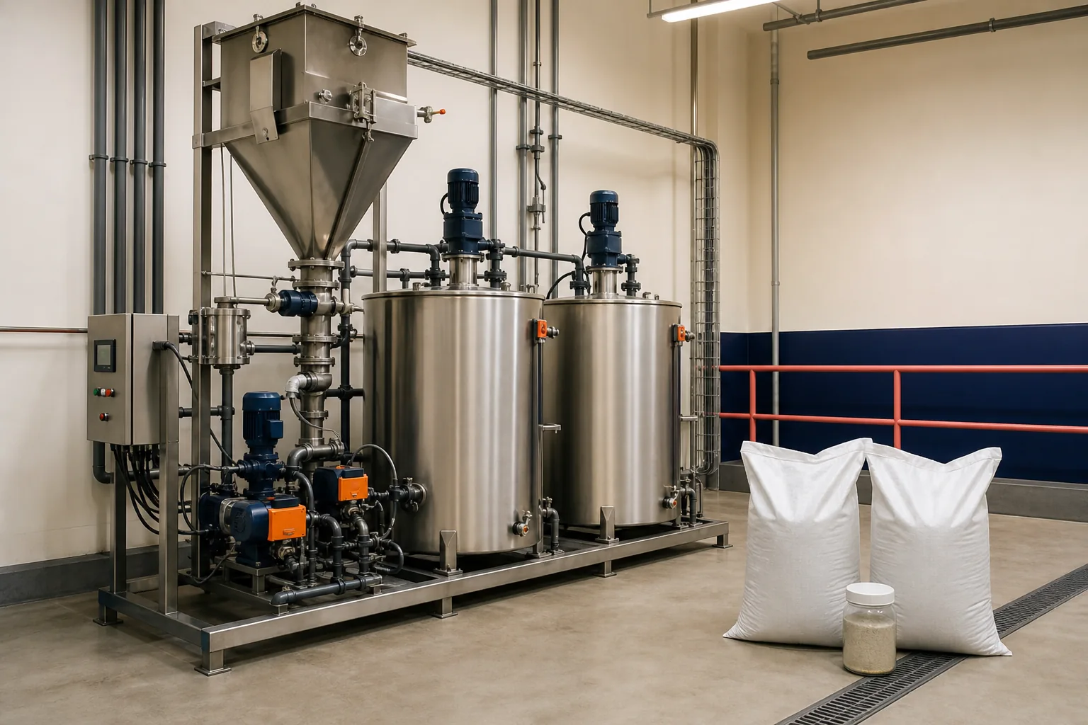 Illustrative polymer preparation tanks and dosing equipment